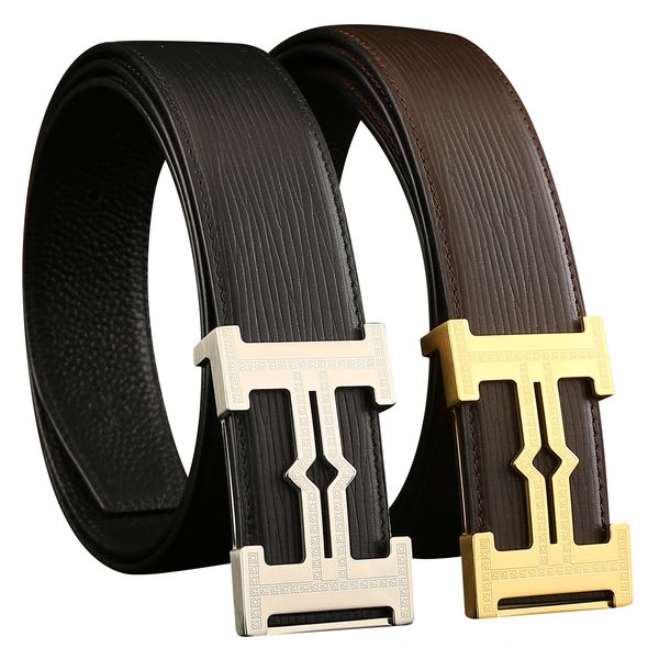 

3.8cm stainless steel smooth buckle water ripple men's belt layer leather leather belt, Black;brown