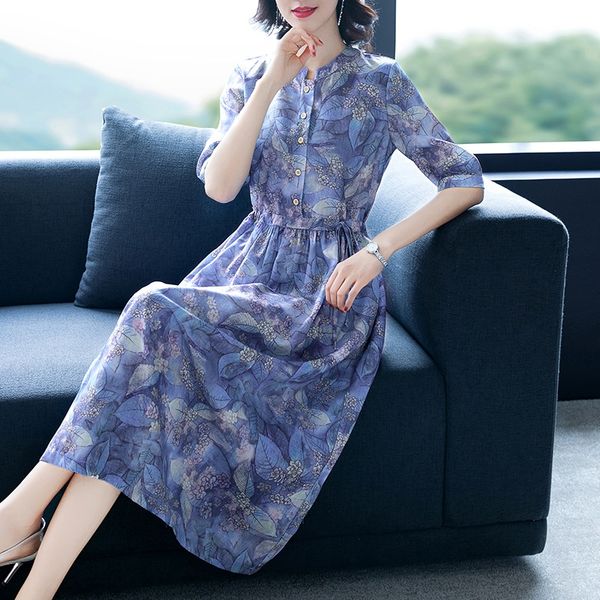 

csjav 2020 summer new women's waist cotton linen dress dress mid-sleeve artistic casual temperament mid-length loose printed cotton and, Black;gray