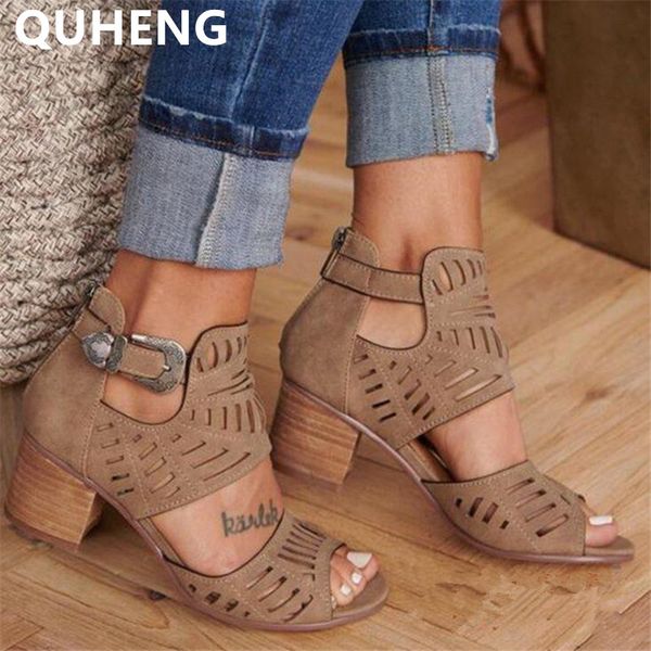 

2020 new women's sandals summer ladies suede hollow carved metal ankle buckle strap high-heeled sandales gladiator large size 43, Black