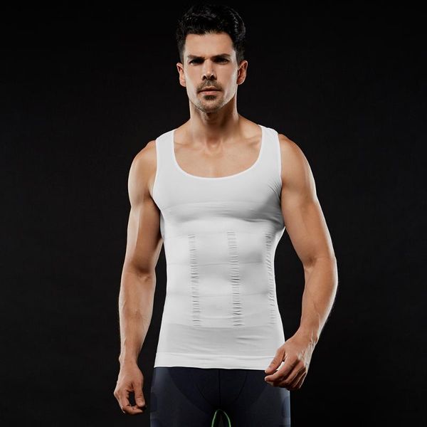 

men body shapers elastic belly chest slimming shaping vest tight fitting o-neck sleeveless shirt tanks corset fitness, White;black