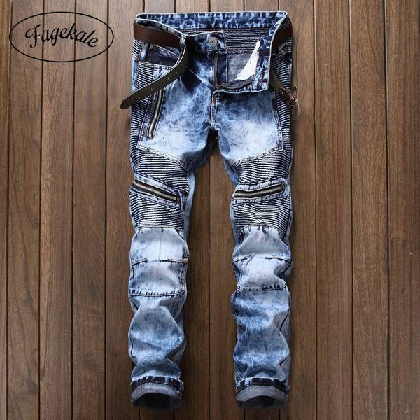 

2020 new men's jeans europe and america slim straight zipper fold men's trousers casual fashion plus size explosion hole, Blue