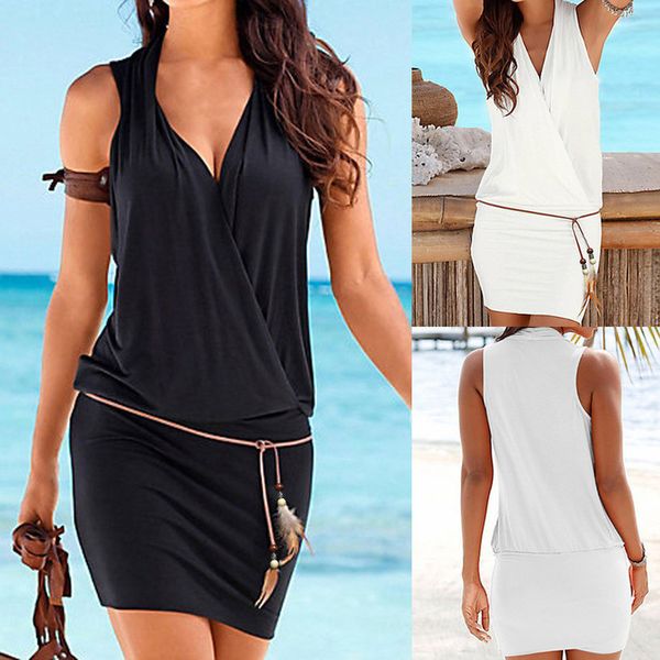 

2020 womens casual sleeveless party beach mini dress beach sun dress celebrities brief solid fashion dress, Black;gray