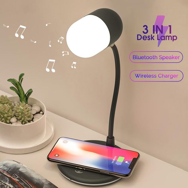 LED Desk Lamp Speaker 3 em 1 QI de carregamento sem fio Led mesa de leitura Lâmpada de mesa Lâmpada de Som Smart Power Stepless 360 ° Noite flexível L4 luz