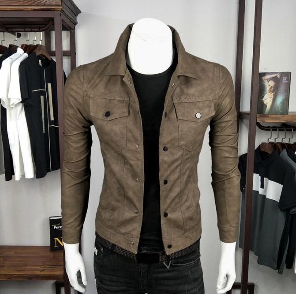 

brown mens leather jacket slim motorcycle coat men jackets pu clothes lapel jaqueta de couro stage street fashion autumn winter, Black
