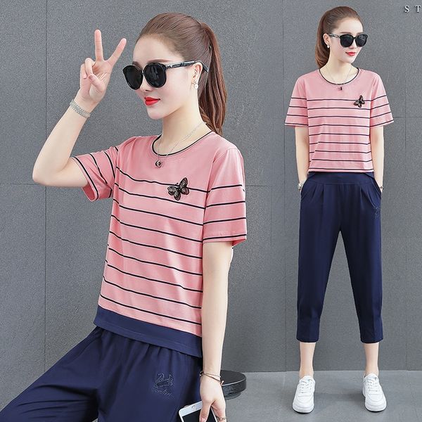 

frbat casual suit for women 2020 summer sportswear sportswear new loose sports clothes summer large size short sleeve capri pants two-piece, Gray