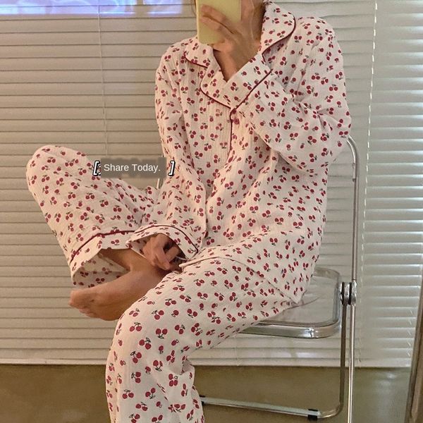 

2poim cotton gauze women's autumn long-sleeved cardigan cherry home wear two-piece suit cotton pajamas gauze pajamas women's autum, Blue;red