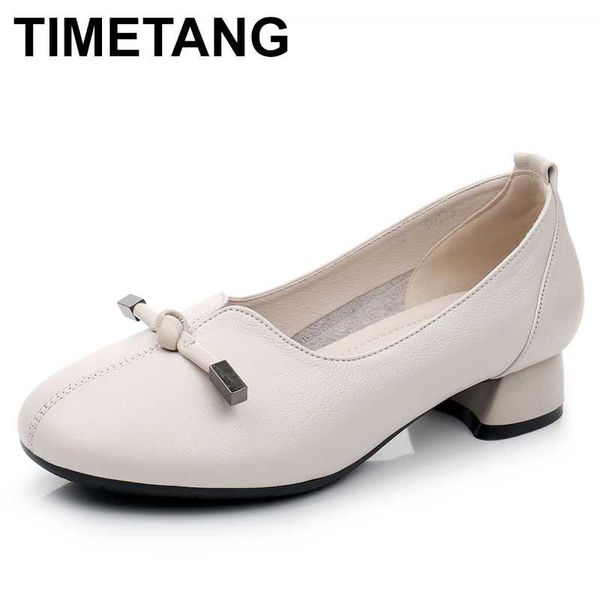 

timetang 2020 women autumn spring genuine leather low heels thick handmade shoes vintage shoes cowhide woman pumps, Black