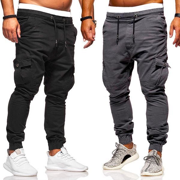

men's cotton multi-pocket cargo pants casual jogging pants solid trousers men's trousers urban tactical combat, Black