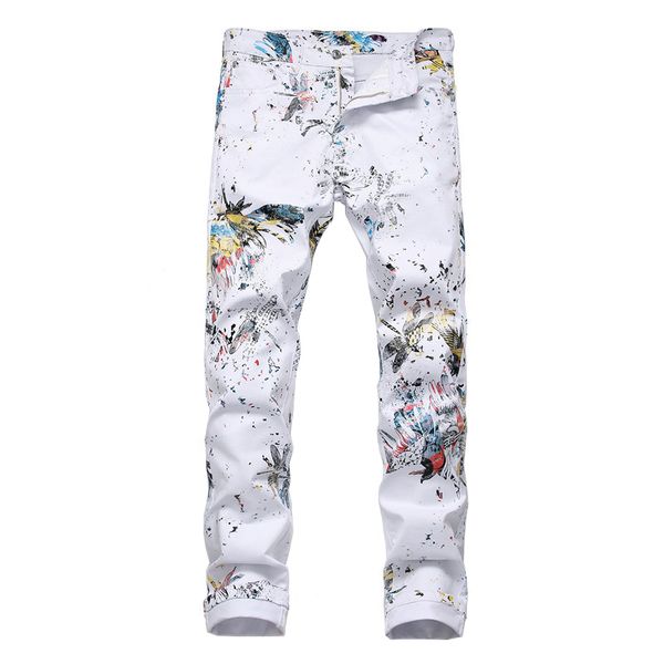 Jeans da uomo Dragon stampato bianco moda slim fit pantaloni a matita elasticizzata verniciati colorati lunghi