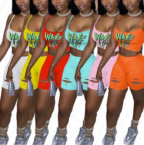 

designer women tracksuit shorts outfits letters sportswear sleeveless vest crop + ripple hole shorts pants woman 2 piece sets d71405, White
