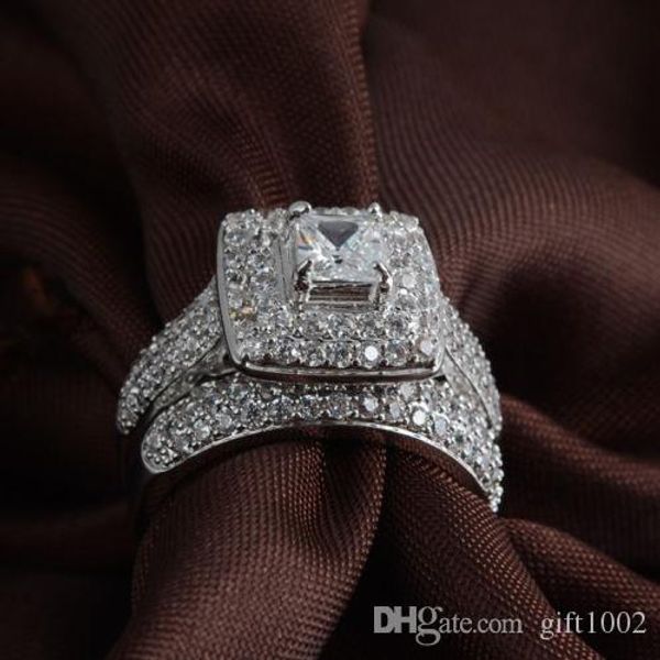 

size 5/6/7/8/9/10 jewelry princess cut 14kt white gold filled full z gem simulated diamond women wedding engagement ring set gift, Silver