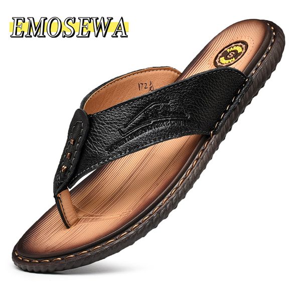

emosewa summer men's slippers sandals casual shoes moccasins genuine leather rome beach sandals men metal flip flops slippers, Black