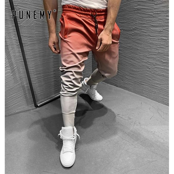 

men joggers pants sweatpants gradient color elastic ankle drawstring tracksuit bottoms skinny casual hip hop streetwear trousers, Black
