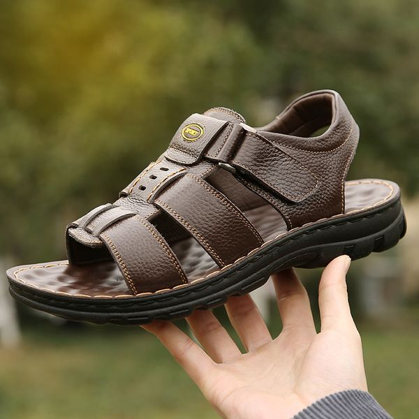 

2020 men genuine leather sandals summer classic men shoes slippers soft sandals roman comfortable walking footwear, Black