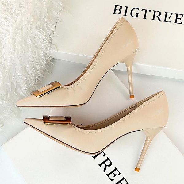 

2020 fashion professional women's shoes stiletto heel high heel shallow pointed toe show thin metal square buckle heels, Black