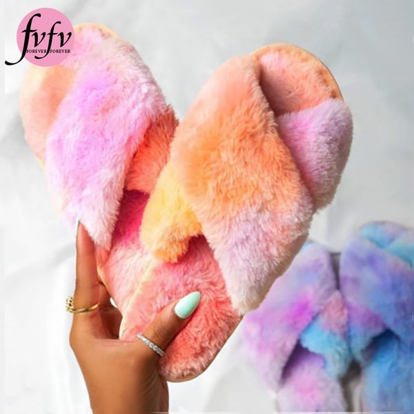 

fvfv]new furry rainbow fur slides ladies drag shoes cross tied fuzzy slippers peep toe womens short plush slippers size 36-41, Black