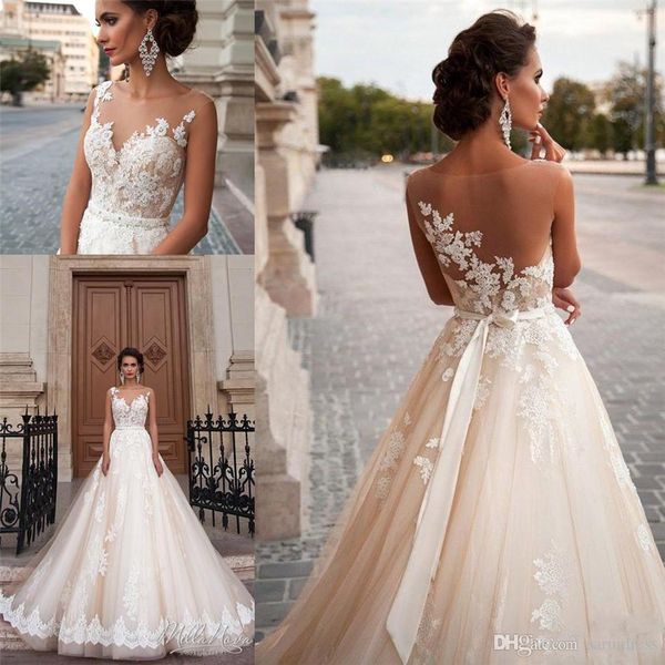 

illusion neckline lace wedding dresses a line pearls belt modest plus size bridal gowns vintage milla nova champagne designer wedding dress, White