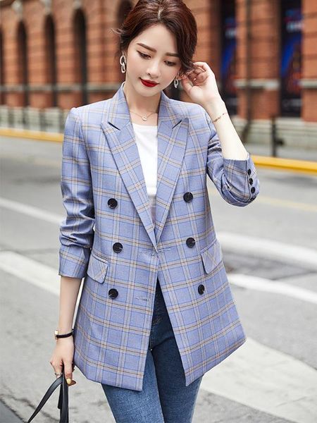 

women's suits & blazers double breasted blue plaid women coat blazer fashion female ladies girl outwear loose plus size jackets, White;black