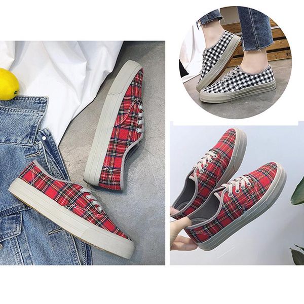 

fashion canvas shoes women's spring and summer 2018 new korean retro plaid shoes student lace up, Black