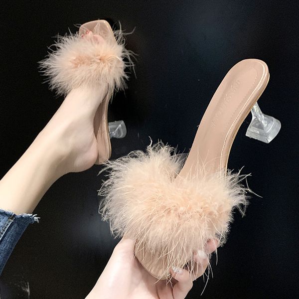 

slippers sweet clear band woman sandalias flip flops transparent glass high heels shoes women fairy furry slides 2021, Black