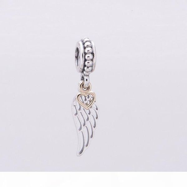 

925 sterling silver angel wing silver dangle bead with real 14k heart fits pandora style jewelry charm bracelets & necklaces, Black
