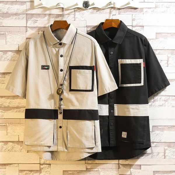 

mens designer shirts summer new short sleeve loose multi pocket panelled shirt cardigan coat male clothing, White;black