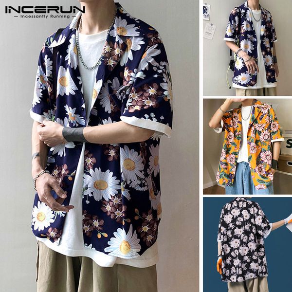 

men's casual shirts incerun fashion flower printed camisa short sleeve lapel blouse loose breathable blusas mens summer floral s-5xl 7, White;black