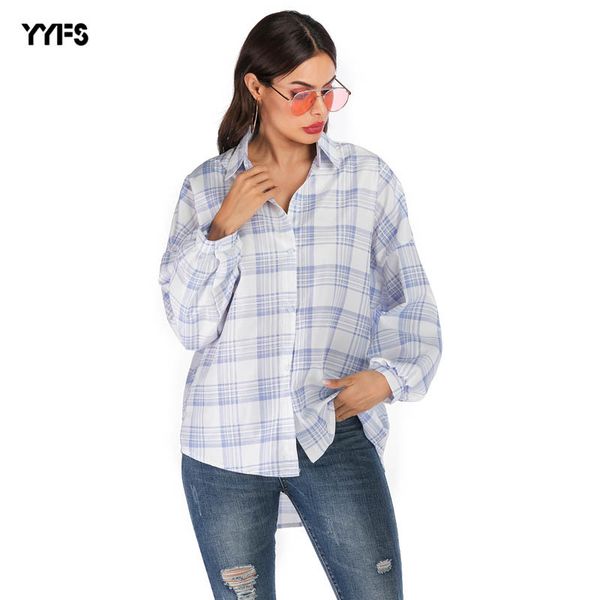 

2020 new women long sleeve plaid causal blouse with buttons shirt for spring autumn