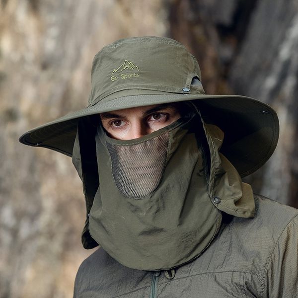 

keh2x men's fisherman summer korean fashion all-match outdoor fishing mountaineering sunscreen veil eaves basin cap fisherman cap bucke, Blue;gray