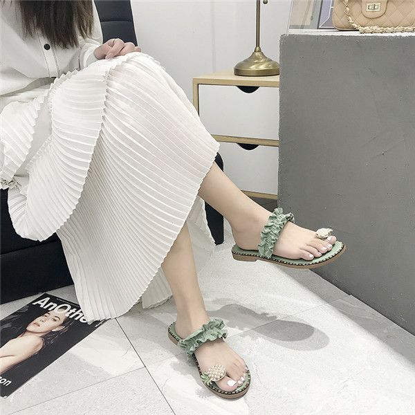 

women pineapple sandals 2020 summer flat sandals pearl spilt toe slip on flip flops beach slides dropship casual shoes slippers, Black