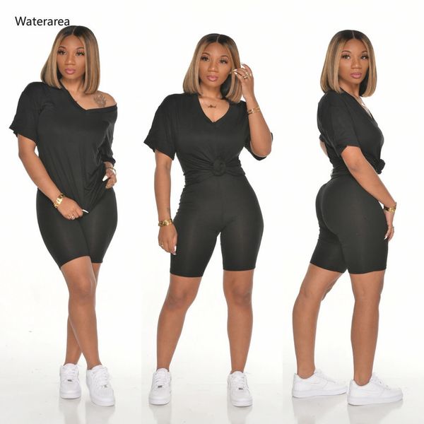 

summer sporty women set solid color v-neck tee & knee length pants suit beach tracksuit two piece set female outfit 8 color, Gray