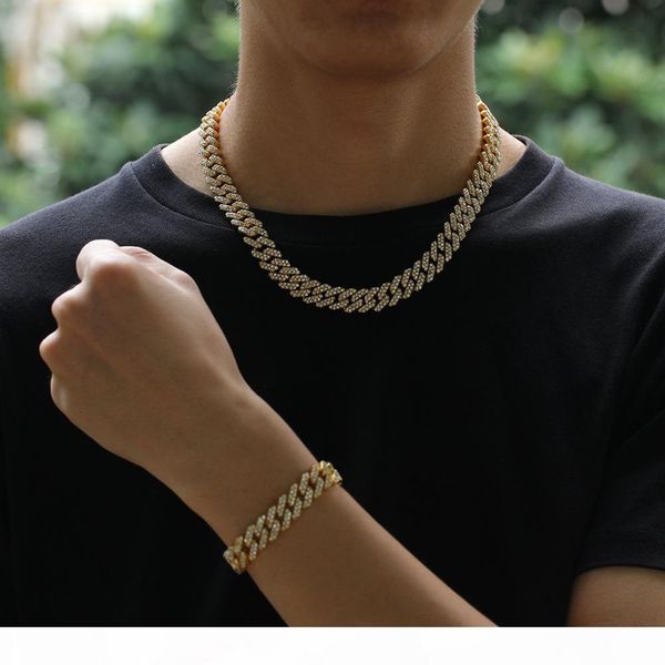 

12mm майами кубинский link ожерелье цепи браслеты набор для mens bling hip hop замороженный из алмазов золото серебро рэпер цепи женщины lux, Silver