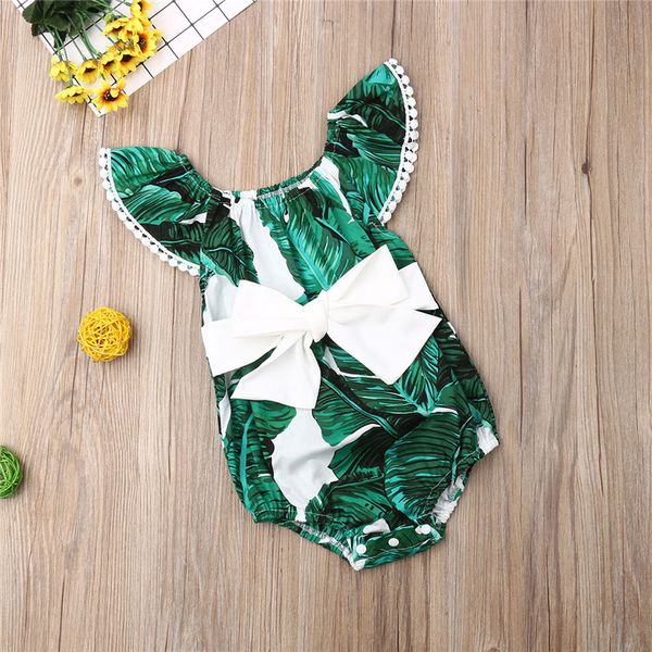 

newborn kids baby girls clothes leaves print tassel bow cotton jumpsuit round neck ruffle sleeveless toddler bodysuit one pieces, Blue