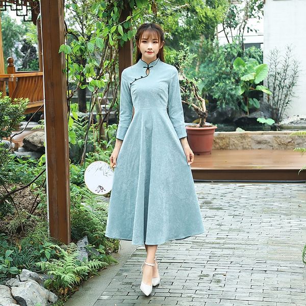 

j7noh republic of china stand collar buckle cheongsam long sleeve slim simple classical temperament solid color light green spring dress che, Black;gray