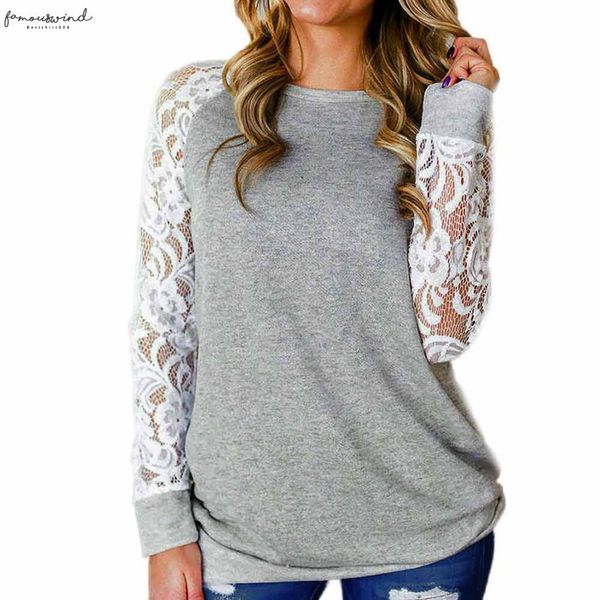 

winter womens long sleeved lace stitching blouse round neck casual capless tees ladies shirt blusas drop shipping, White