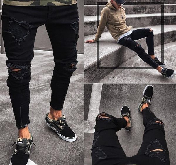 

черные брюки для мужчин хип-хоп рок дыр рваные джинсы байкер slim fit zipper жан проблемные брюки, Blue