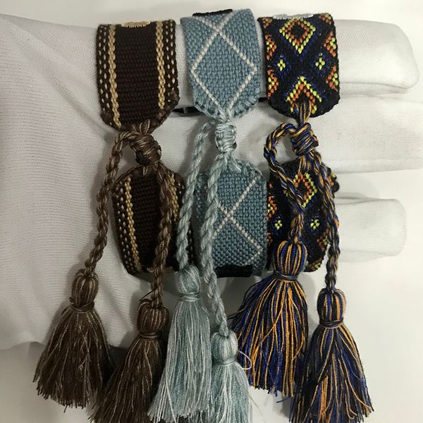 

jewelry hand signature color ethnic embroidery bracelet women's men's woven braid fabric bracelet tassel adjustable bracelet, Black