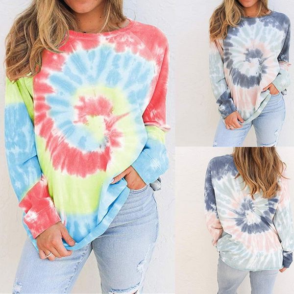 

2020 autumn t-shirt tie dye long sleeve women casual o-neck loose tee shirts harajuku multicolor spring autumn, White;red