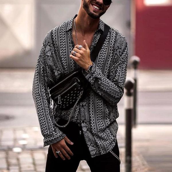 

2020 ethnic style printed shirt men lapel high street button vintage camisa long sleeve mens brand hawaiian shirts s-3xl #0630, White;black