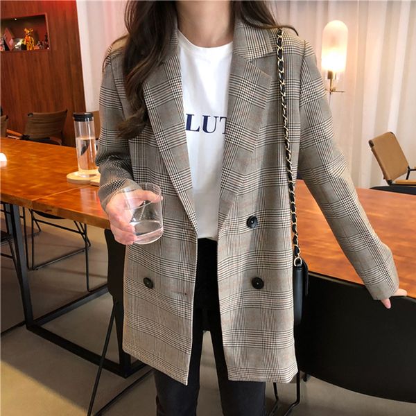 

2020 new office ladies notched collar plaid women blazer double breasted autumn jacket 2020 casual pockets female suits coat, White;black