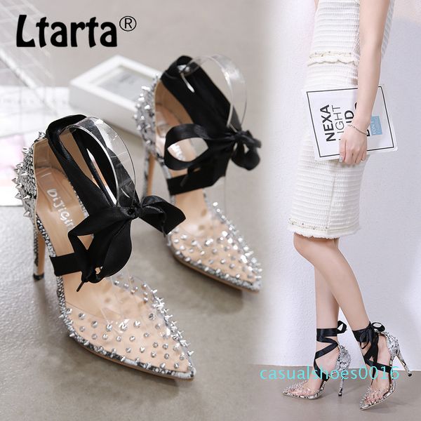 

leopard land 12cm high heels women rivet pumps heels shoes 2020 popular roman tie matching high-heeled sandals c16, Black