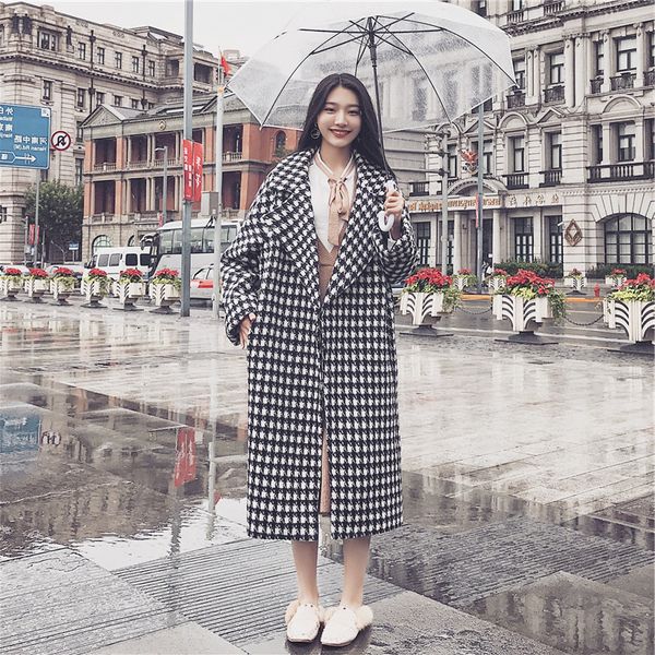 

[ewq] plaid cardigan woolen coat thick warm outerwear winter overcoat women plus size turn-down collar full sleeve 2020 autumn, Black
