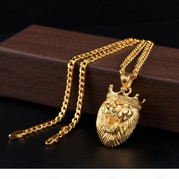 

r men 's gold plated crown lion head stainless steel pendant necklace 27 &quot ;inches cuba link chain hip hop fashion jewelry, Silver
