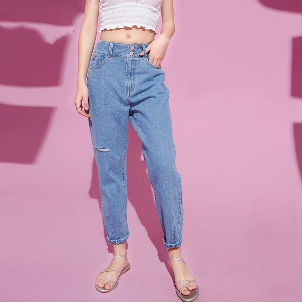 

blue solid high waist ripped washed casual denim jeans woman 2020 summer black pure korean ladies daily trousers