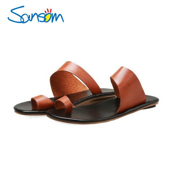 

sansomplus размер 35-43 женские сандалии обувь мода лето тапочки обувь женщины сплошной цвет плоский круглый носок женская обувь, Black