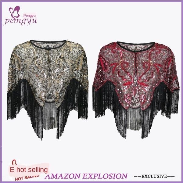 

women's 1920s dinner beads sequins evening jacket evening dress shawl dress cape tassel shawl, Blue;gray