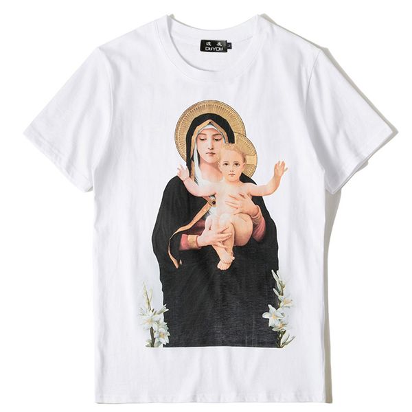 

virgin mary jesus and a lamb -tshirt men's cotton t shirt women hip hop short sleeve t-shirt skateboard fashion streetwear, White;black