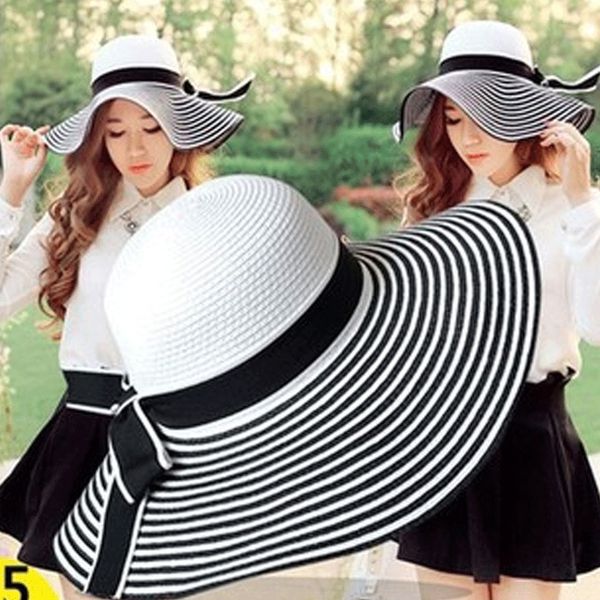 

lady's black and white striped female bowknot straw holiday straw toque butterfly female hat travel sunshade beach hat, Blue;gray