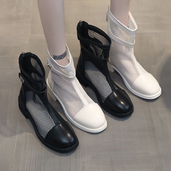 

white mid-calf boots summer booties shoes flat heel shoes round toe boots-women low heels booties short sandals mid calf, Black