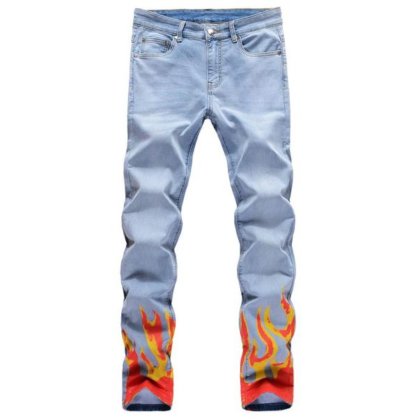 

men's jeans denim men digital printing fire slim straight high street full length fashion wild cowboy trousers male, Blue
